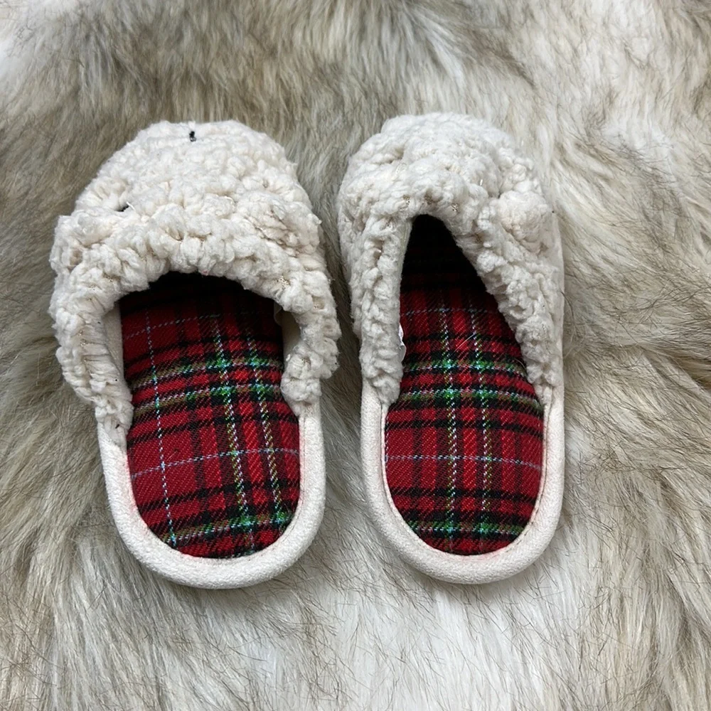 Girls Size 9-10 Cream Faux Fur Bear Slippers Plaid Target
